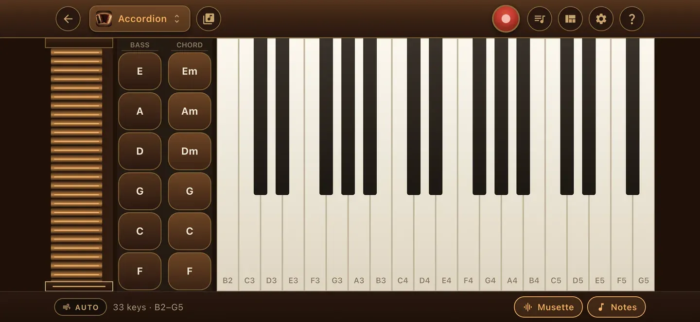 The accordion room in the ToneWright app