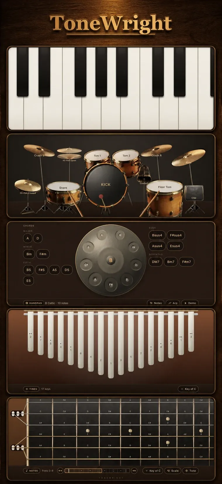 The ToneWright app: a piano, a drum kit, a handpan, a kalimba and a guitar fretboard stacked down one screen.
