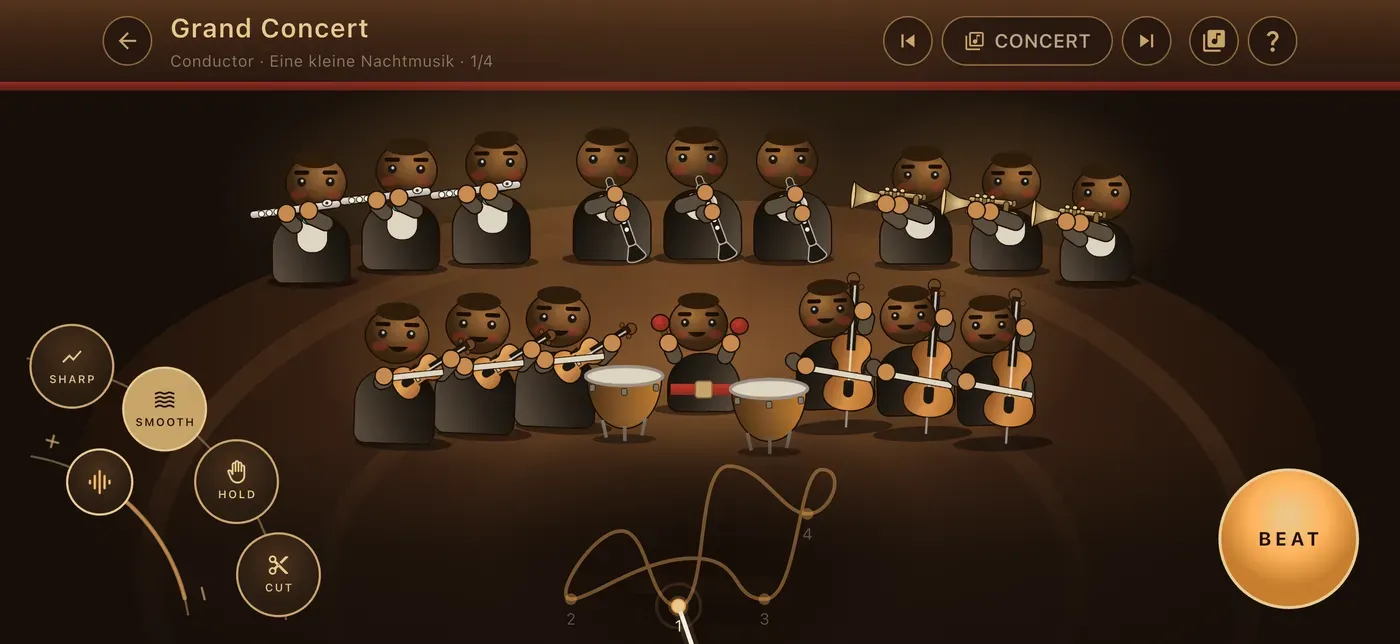 The orchestra room in the ToneWright app, with the players on stage and the beat control in the corner.