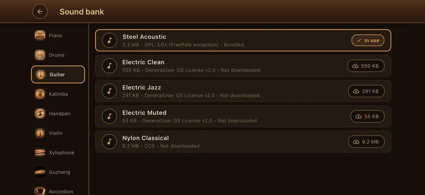The sound library in the ToneWright app