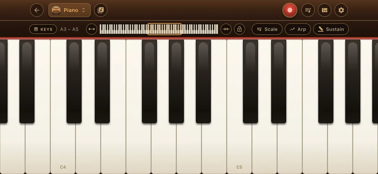The piano room in the ToneWright app